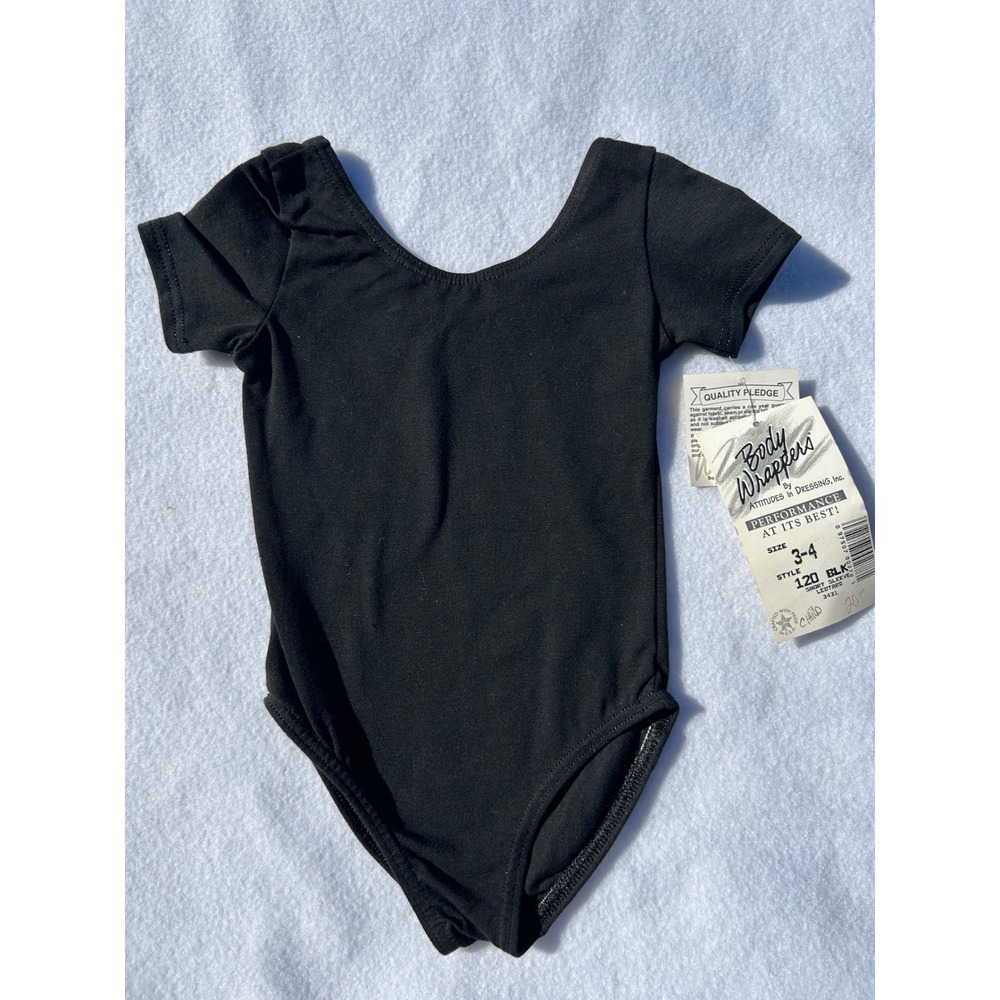 Body Wrappers Girls Black Short Sleeve Leotard Size 3-4 NWT Vintage